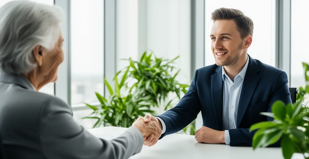 Senior serrant la main d'un conseiller dans un bureau moderne