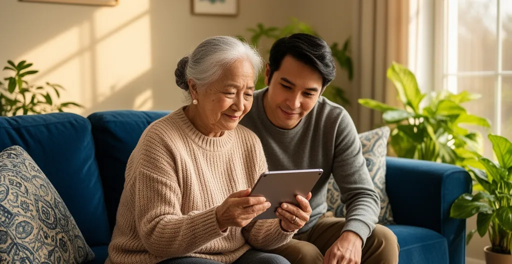 Femme senior utilisant une tablette avec un proche à ses côtés
