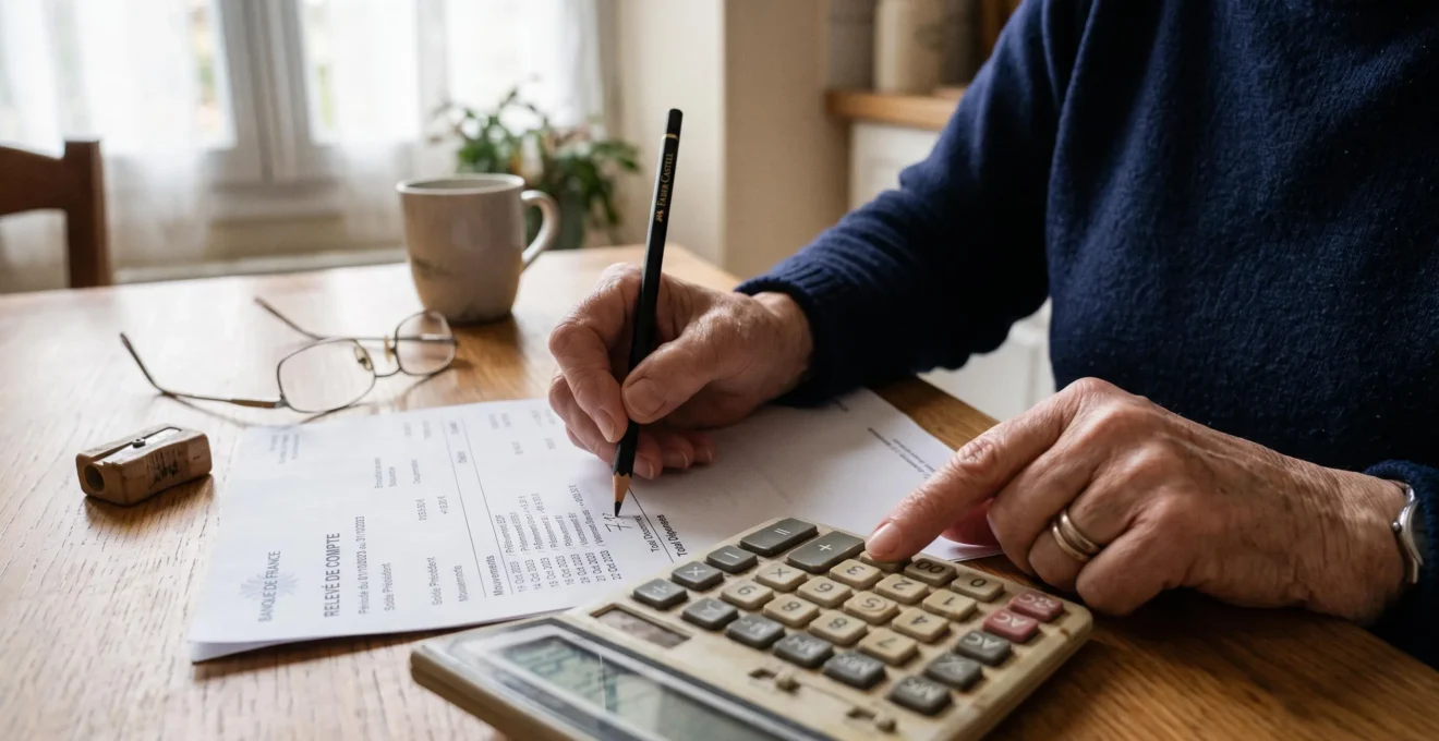 Mains d'une personne âgée utilisant une calculatrice pour annoter un relevé bancaire sur une table de cuisine en bois.