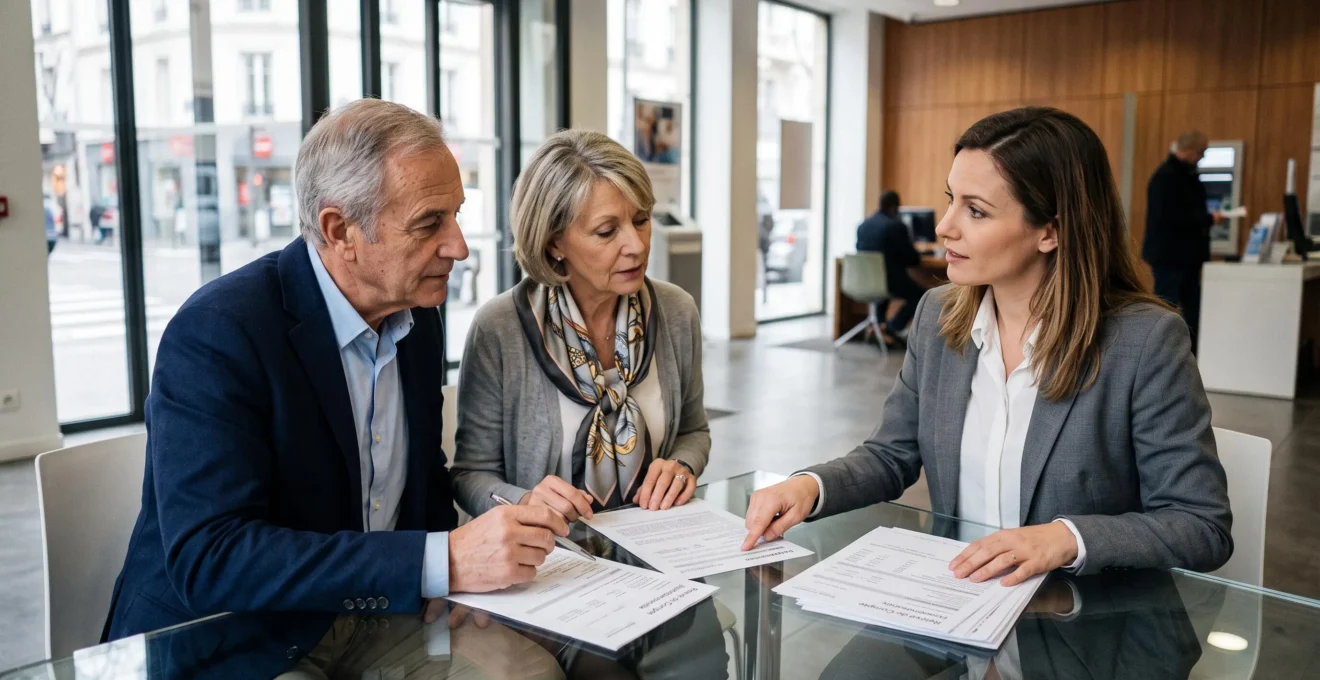 Un couple de seniors français échange avec un conseiller bancaire autour de relevés de compte posés sur une table dans une agence lumineuse.