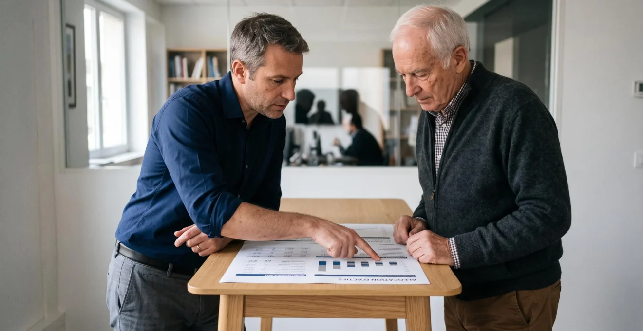 Un gestionnaire de patrimoine et une cliente seniors debout, examinant un document d'allocation posé sur une table haute dans un bureau vitré.