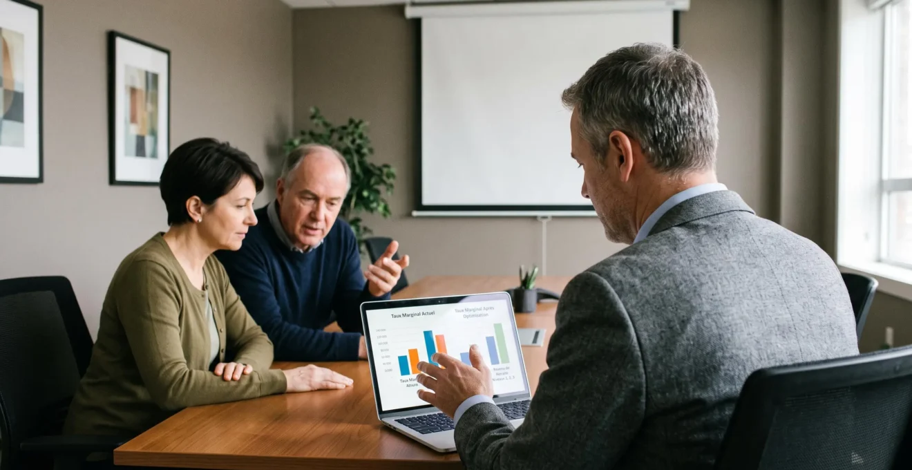 Un conseiller présente une comparaison de tranches marginales d'imposition à un couple assis.