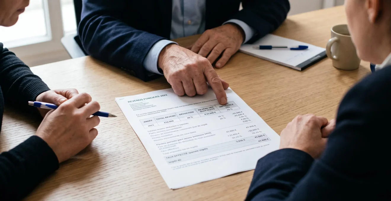 Un conseiller pointe la colonne des parts imposables sur un document fiscal imprimé.